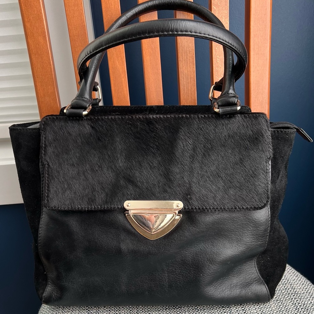 Debenhams Sophisticated Black Leather Satchel with Calfhair Design